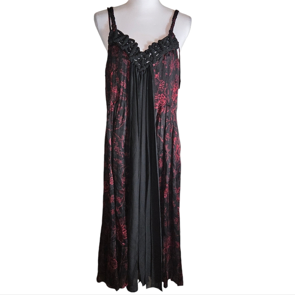 Chelsea Theodore Red Black Floral 100% Silk Dress Size 12  Fairy Whimsigoth Y2K
